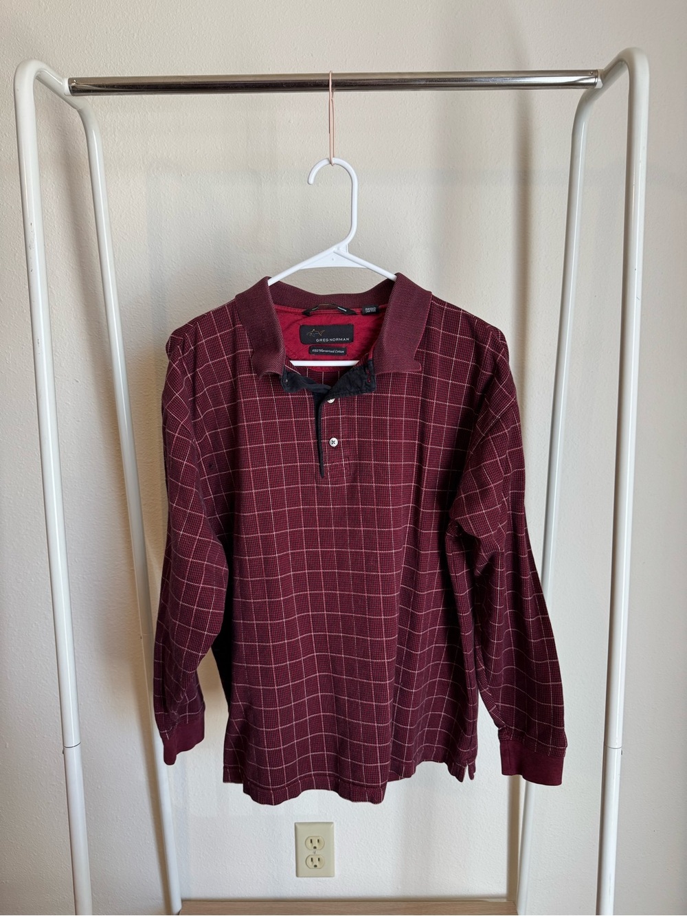Greg Norman Collection Men's Burgundy Windowpane Long-Sleeve Polo